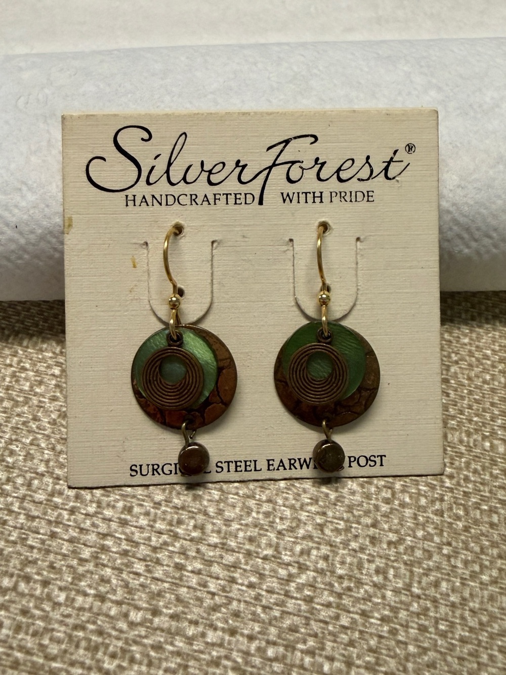 Silver Forest Green & Brown Layered Disc Drop Earrings